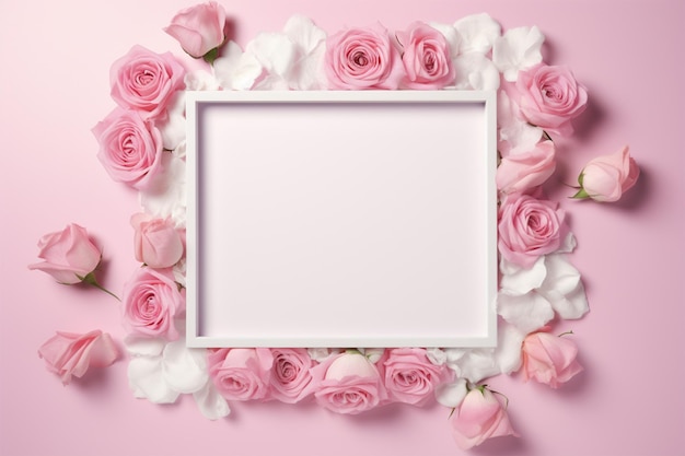 Una cornice bianca vuota con sopra delle rose rosa