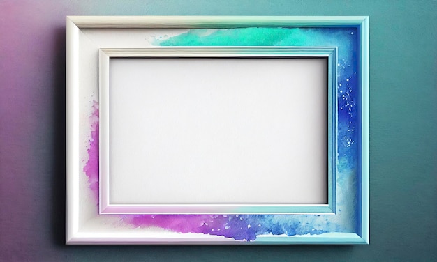 Una cornice bianca vuota su uno sfondo colorato. sfondo acquerello