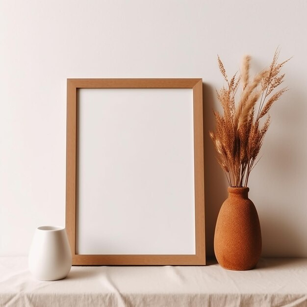 Una cornice con l'immagine di un grano e un vaso su un tavolo.