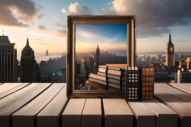 Una cornice con l'immagine di una città e sopra un libro.