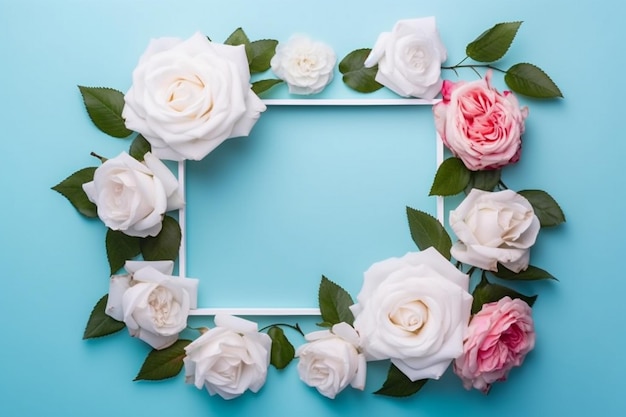 Una cornice con rose bianche e rosa su sfondo blu