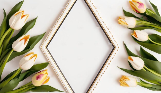 Una cornice con tulipani e un bordo dorato è su uno sfondo bianco