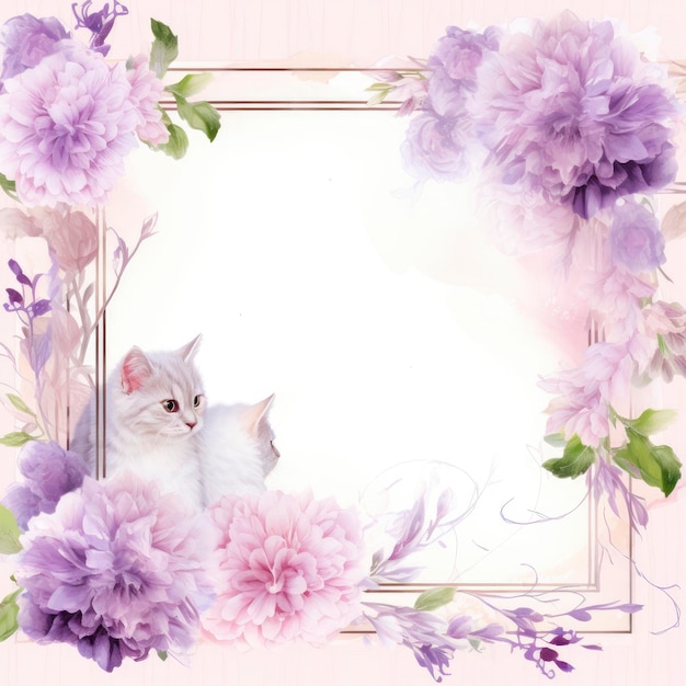 Una cornice con un gatto e dei fiori