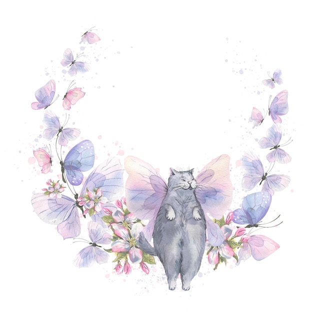 Una cornice con un gatto grigio fatto di farfalle e fiori di melo Una delicata composizione ariosa e dolce Illustrazione ad acquerello per la decorazione design decorazione di souvenir cartoline poster adesivi