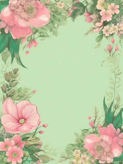 Una cornice di fiori rosa con uno sfondo verde generativo ai