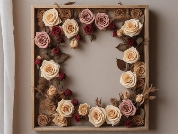 Una cornice di legno appesa al muro con rose secche o artificiali disposte all'interno Questo aggiunge un'estetica rustica e naturale allo sfondo