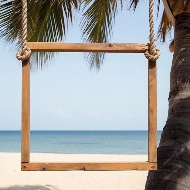 Una cornice di legno pende da un albero vicino a una spiaggia.