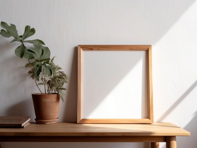 Una cornice di legno si trova su un tavolo accanto a una pianta.