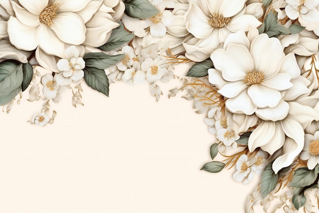 Una cornice floreale bianca con fiori su uno sfondo beige