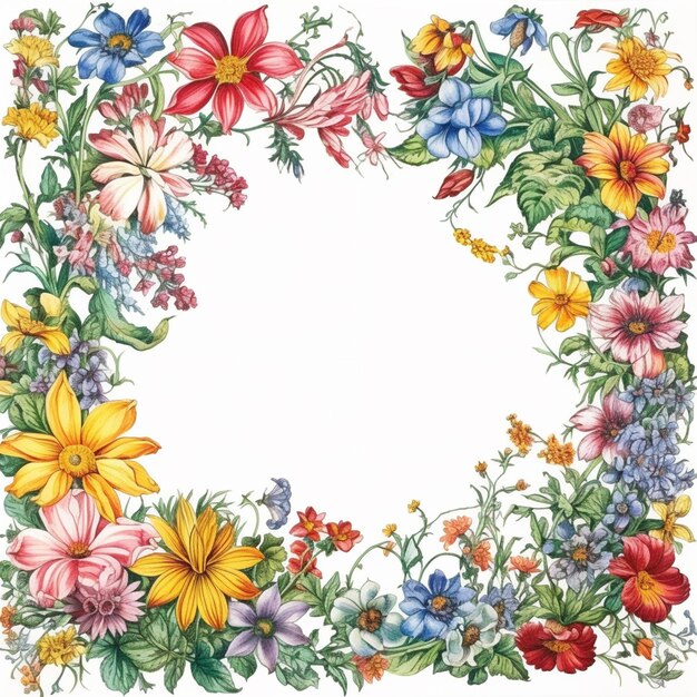 una cornice floreale colorata con fiori e foglie generative ai