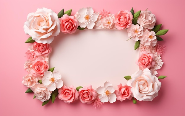 Una cornice fotografica di carta rosa e bianca con dei fiori