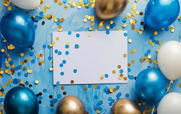 Una cornice giocosa di palloncini blu e dorati che circondano una carta bianca bianca adornata di confetti dorati su una superficie a consistenza blu