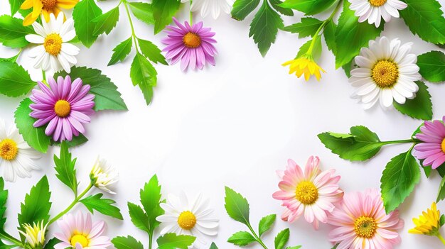 Una cornice luminosa e allegra creata con colorati fiori di margherita e foglie verdi