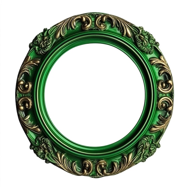 Una cornice ovale verde con foglie d'oro e un disegno d'oro.