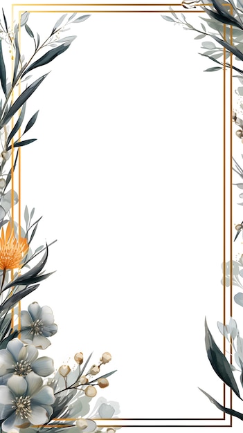 una cornice quadrata con fiori e foglie su sfondo bianco Abstract Silver fogliame con sfondo