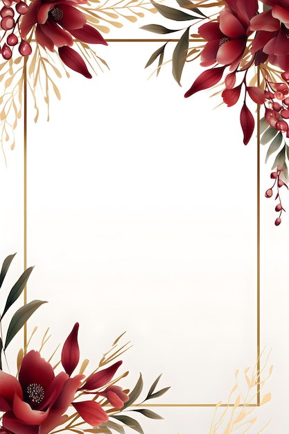 una cornice quadrata con fiori rossi e foglie verdi Sfondo astratto fogliame magenta con negativo