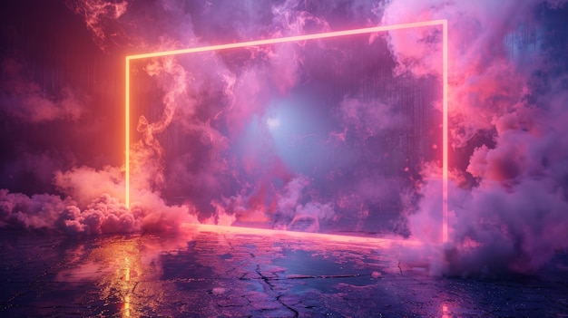 Una cornice rettangolare al neon con fumo sulla superficie dell'acqua un confine rettangolare luminoso con luce magica sopra nuvole morbide un portale viola con scintille luminose e razzi