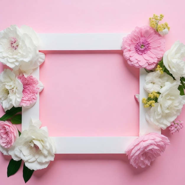 Una cornice rosa con fiori bianchi su uno sfondo rosa.