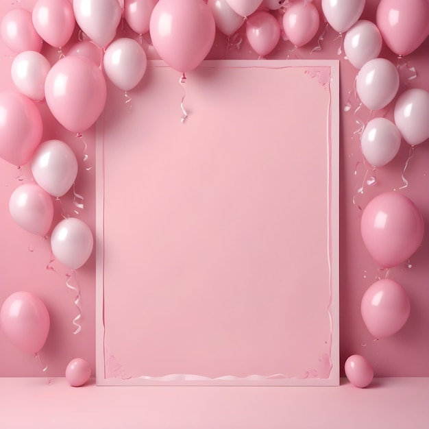 una cornice rosa con palloncini e una cornice con un'immagine di un cuore rosa