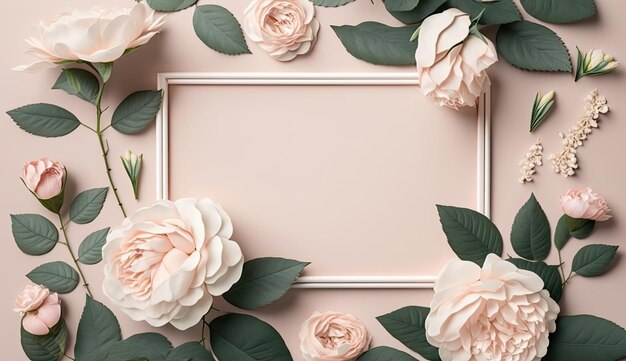 Una cornice rosa con sopra dei fiori e una cornice vuota con sopra una foglia verde.