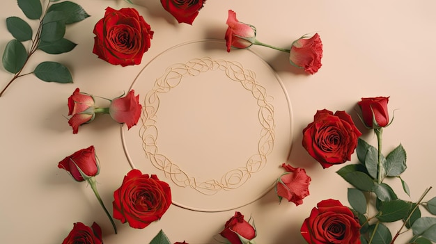 Una cornice rotonda con sopra delle rose rosse.