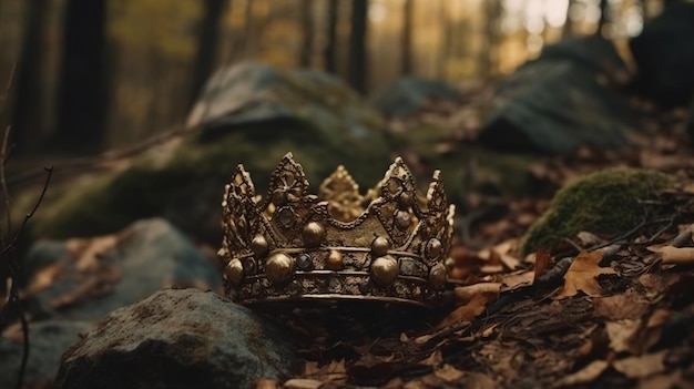 Una corona d'oro si trova a terra nei boschi.