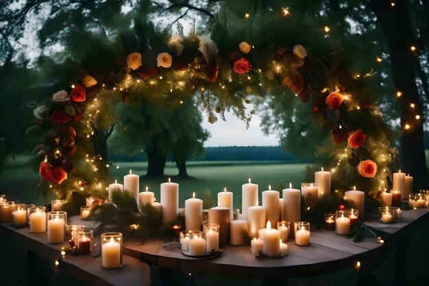 Una corona di candele bianche è circondata da una corona di fiori.