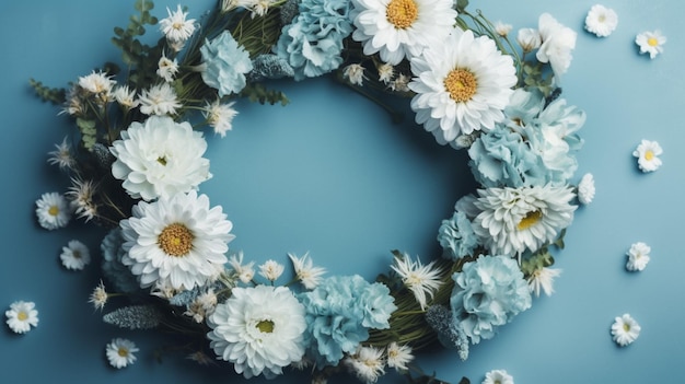 Una corona di fiori su sfondo blu