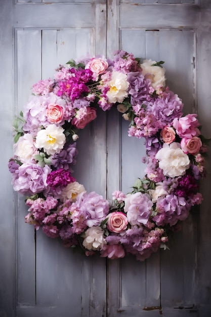 una corona di fiori su una porta di legno.