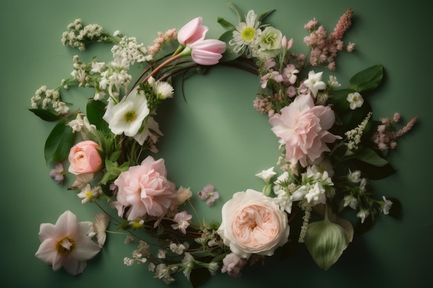 Una corona di fiori su uno sfondo verde