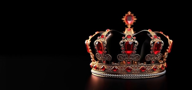 Una corona dorata e rossa con gemme su uno sfondo scuro Banner orizzontale con uno spazio di copia