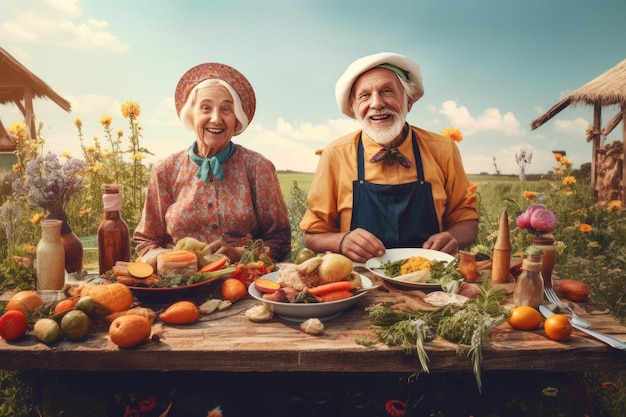 Una corretta alimentazione Rinunciare alle cattive abitudini salute un corpo forte Età avanzata per essere felici, allegri e allegri Coppia anziana vecchia anzianità Mangiare sano frutta e verdura