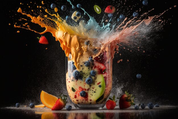 Una corretta nutrizione smoothie freshes splash Frullati di frutta frullati cibo ecologico stile di vita sano Brillanti colori misti bicchieri e frullatori