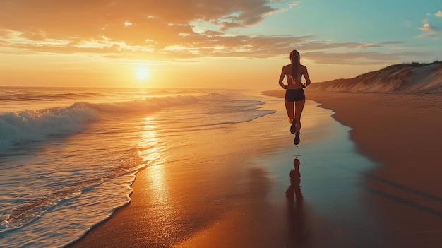 Una corridore si diverte a correre tranquillamente sulla spiaggia all'alba