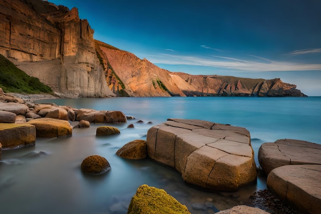 Una costa rocciosa con un cielo blu e una grande roccia in primo piano.