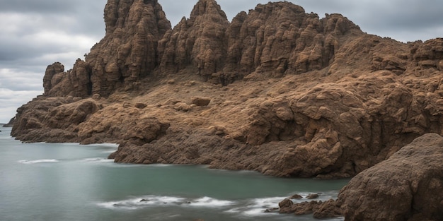 Una costa rocciosa con una barca blu nell'acqua