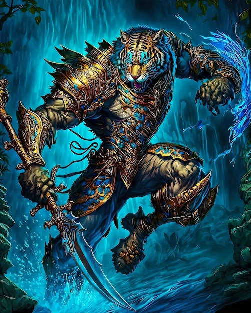 Una creatura con una spada è nell'acqua e ha un teschio blu sulla schiena.