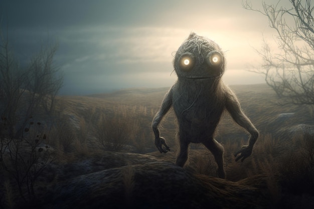 Una creatura inquietante con occhi luminosi si trova in un campo con un albero sullo sfondo.