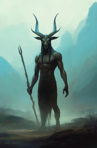 Una creatura oscura con corna e corna si trova in un campo con montagne sullo sfondo.