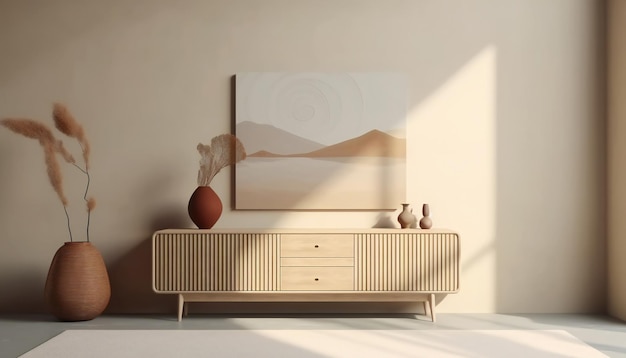 Una credenza in avorio con tappeto davanti in stile minimalista