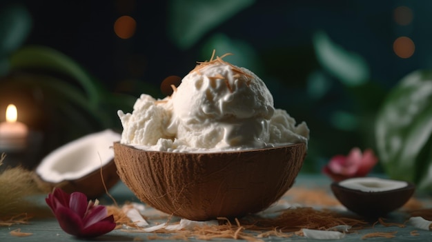 Una crema al cocco con scaglie di cocco in una ciotola