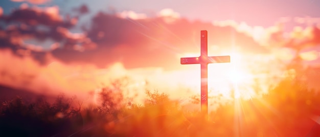 Una croce astratta su uno sfondo sfocato del tramonto Fondo del cristianesimo cristianesimo religione cristiana