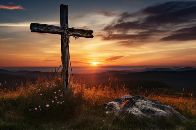 Una croce di legno rustica su una collina con il tramonto sullo sfondo