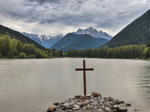 una croce è su una roccia in mezzo a un lago