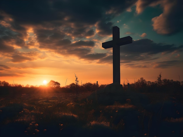 Una croce in un campo con il sole che tramonta dietro di essa