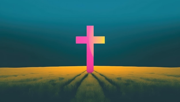 Una croce in un campo con uno sfondo blu e la parola gesù sopra.