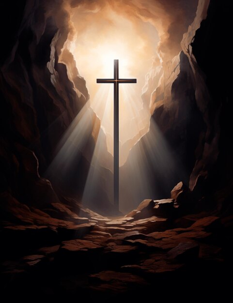 una croce in una grotta con un tramonto sullo sfondo