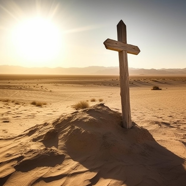 Una croce nel deserto con il sole che tramonta dietro di essa