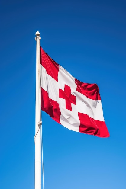 Una croce rossa su una bandiera bianca contro un cielo blu.