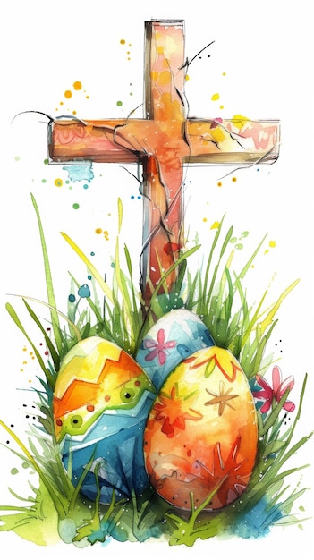 Una croce si erge in un campo di erba verde circondata da colorate uova di Pasqua Le uova aggiungono un tocco festivo alla scena che simboleggia la celebrazione della Pasqua